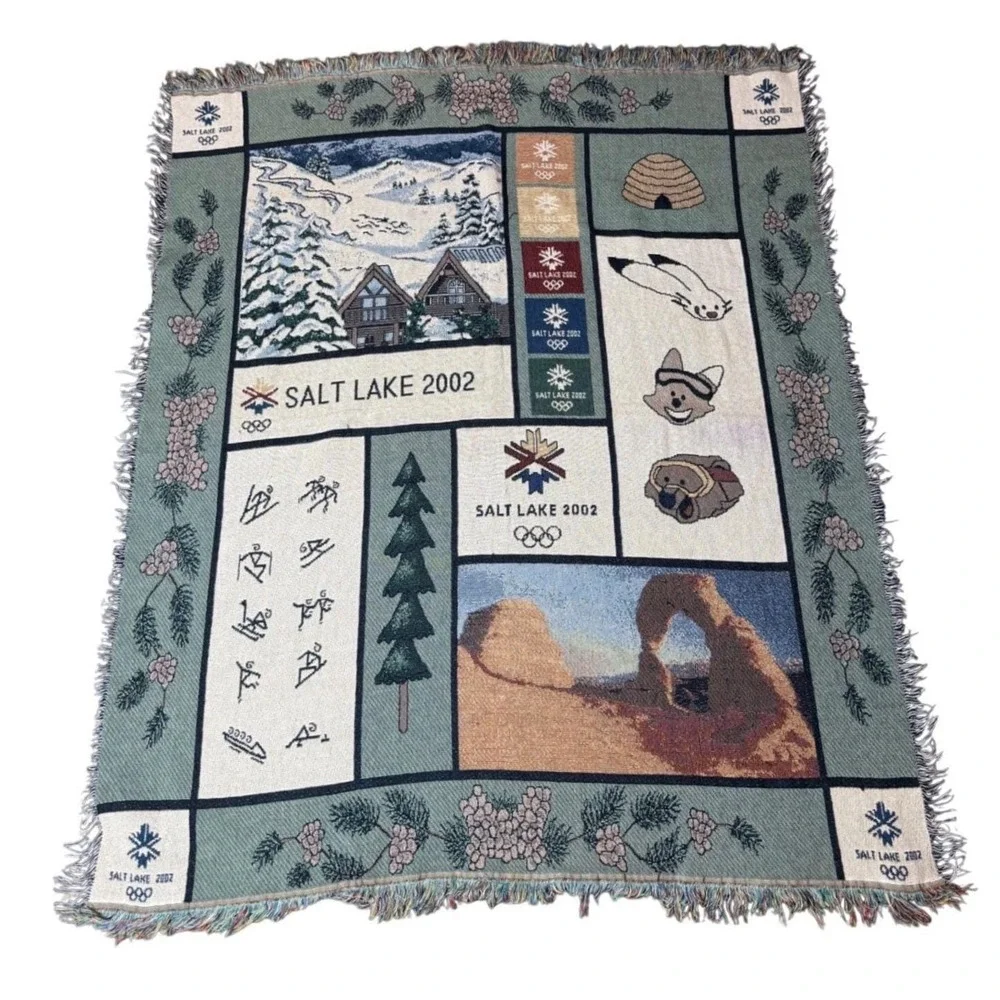 Salt Lake 2002 Olympics Woven Throw Blanket OS Green Excellent Tapestry Mascot